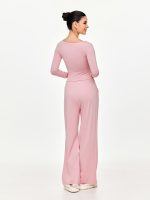 Close-up back detail of the BEYOURA Ardena Wide-Legged Hush Pants in dusty pink showing stretch fabric and comfort fit