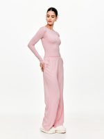 Right side view of the BEYOURA Ardena Wide-Legged Hush Pants in dusty pink showing soft drape and flow