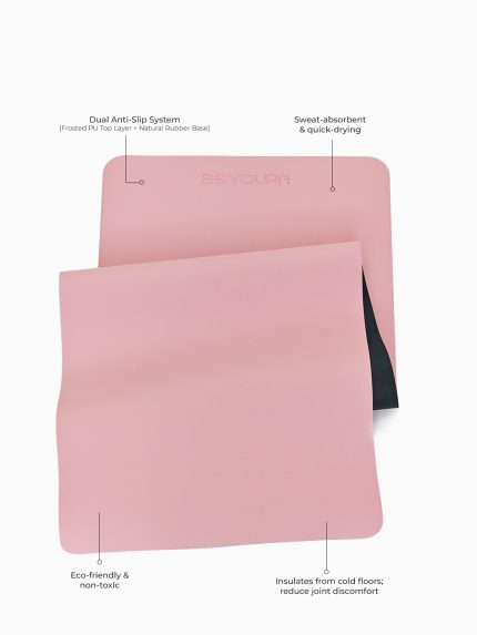 Pink BEYOURA FROSTFLOW yoga mat with description of anti-slip feature, absorbent and quick drying, made of eco-friendly and non-toxic material