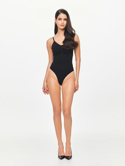 Front view of the BEYOURA Bailey Thong sculptLOVE bodysuit in black