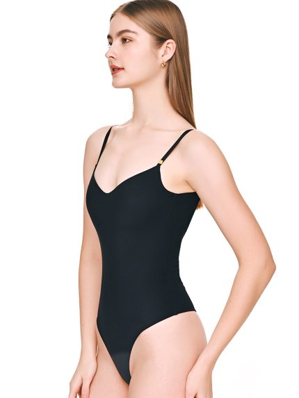 Closeup side view of the BEYOURA Clara Camisole sculptLOVE bodysuit in black