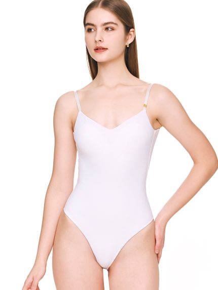 Closeup front view of the BEYOURA Clara Camisole sculptLOVE bodysuit in white