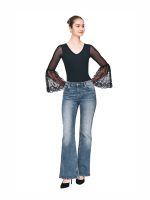 Full body view of BEYOURA Clara flared mesh sculptLOVE bodysuit in black