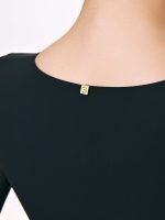 Closeup detail view of BEYOURA Clara flared mesh sculptLOVE bodysuit in black