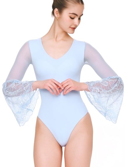 Front view of BEYOURA Clara flared mesh sculptLOVE bodysuit in lilac with flared sleeves
