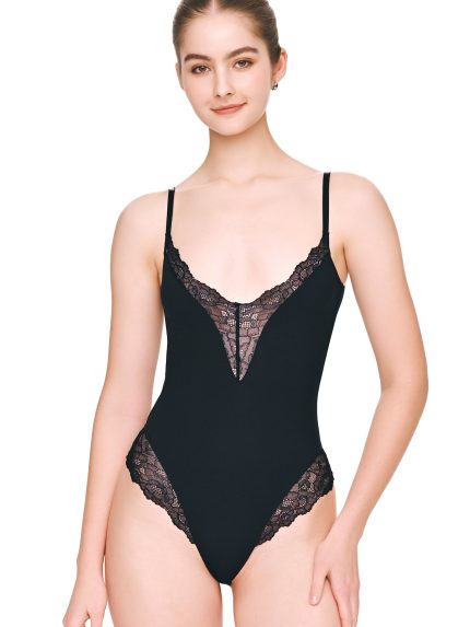 Front view of BEYOURA Clara lace sculptLOVE bodysuit in black
