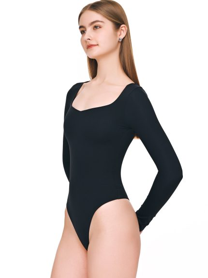 Side view of BEYOURA Clara long sleeve sculptLOVE bodysuit in black