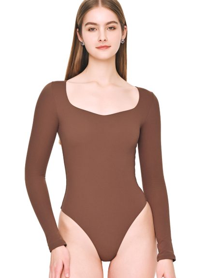 Front view of BEYOURA Clara long sleeve sculptLOVE bodysuit in brown