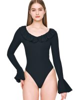 Front view of BEYOURA Clara ruffle trim sculptLOVE bodysuit in black