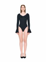 Full body view of BEYOURA Clara ruffle trim sculptLOVE bodysuit in black
