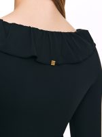 Closeup detail view of BEYOURA Clara ruffle trim sculptLOVE bodysuit in black