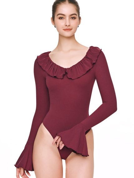 Front view of BEYOURA Clara ruffle trim sculptLOVE bodysuit in burgundy