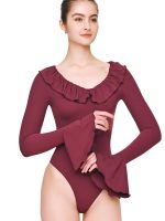 Front view of BEYOURA Clara ruffle trim sculptLOVE bodysuit in burgundy with flared sleeves