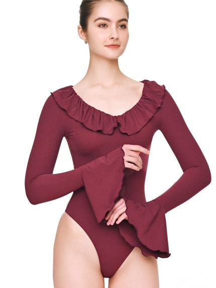 Front view of BEYOURA Clara ruffle trim sculptLOVE bodysuit in burgundy with flared sleeves