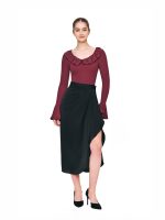 Full body view of BEYOURA Clara ruffle trim sculptLOVE bodysuit in burgundy styled with skirt