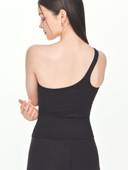 Close-up black view of the BEYOURA Charlotte Asymmetrical luxeFIT Top in black
