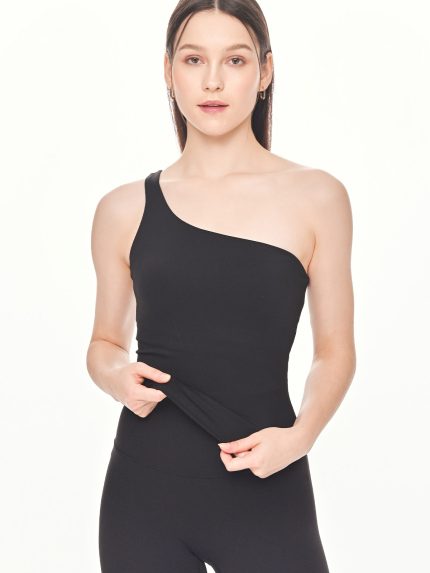 Close-up front view of the BEYOURA Charlotte Asymmetrical luxeFIT Top in black