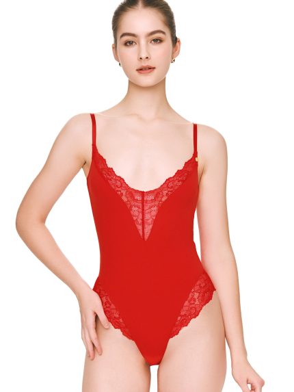 Front view of BEYOURA Clara lace sculptLOVE bodysuit in red
