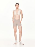 Full front view of the BEYOURA Elliana V-Line luxeFIT Shorts in beige