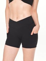 Close-up front view of the BEYOURA Elliana V-Line luxeFIT Shorts in black