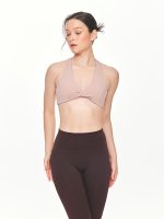 Medium close-up front view of the BEYOURA Estelle Stretch & Stash luxeFIT Leggings in brown