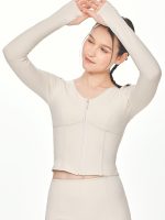 Close-up front view of the BEYOURA Madeleine Body Hugging luxeFIT Jacket in off-white