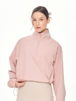 Close-up front view of the BEYOURA Madeleine Cropped luxeFIT Lightweight Pullover in pink