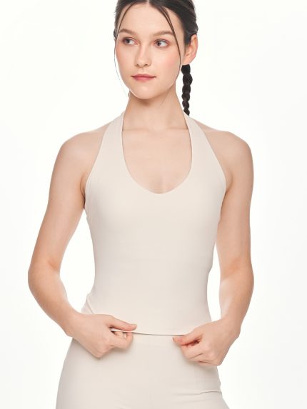 Close-up front view of the BEYOURA Charlotte Halter luxeFIT Top in beige