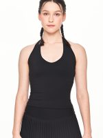 Close-up front view of the BEYOURA Charlotte Halter luxeFIT Top in black