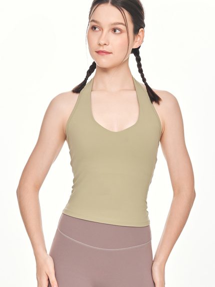 Close-up front view of the BEYOURA Charlotte Halter luxeFIT Top in sage green