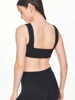 Close-up back view of the BEYOURA Giselle Broad Strap luxeFIT Sports Bra in black showing thick supportive straps