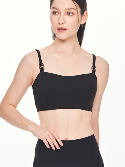 Close-up front view of the BEYOURA Giselle Duostrap Strap luxeFIT Sports Bra in black