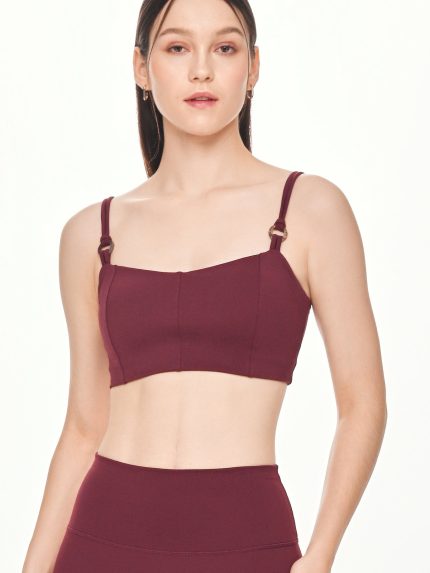 Close-up front view of the BEYOURA Giselle Duostrap Strap luxeFIT Sports Bra in maroon