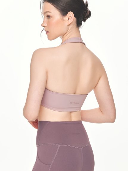 Close-up back view of the BEYOURA Giselle Halter luxeFIT Sports Bra in lilac