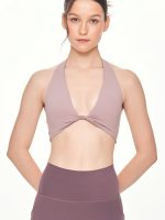 Close-up front view of the BEYOURA Giselle Halter Strap luxeFIT Sports Bra in lilac
