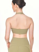 Close-up back view of the BEYOURA Giselle Halter luxeFIT Sports Bra in sage green
