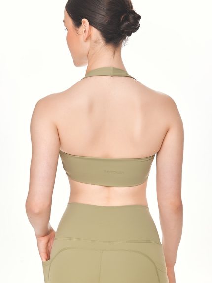 Close-up back view of the BEYOURA Giselle Halter luxeFIT Sports Bra in sage green