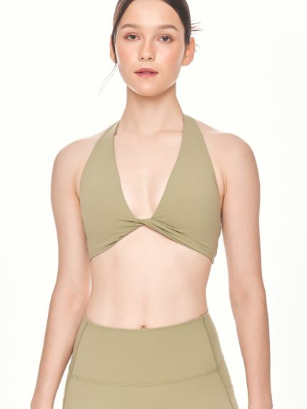 Close-up front view of the BEYOURA Giselle Halter Strap luxeFIT Sports Bra in sage green