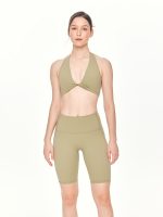 Medium close-up front view of the BEYOURA Giselle Halter luxeFIT Sports Bra in sage green