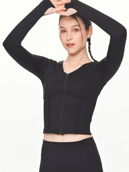 Close-up front view of the BEYOURA Madeleine Body Hugging luxeFIT Jacket in black