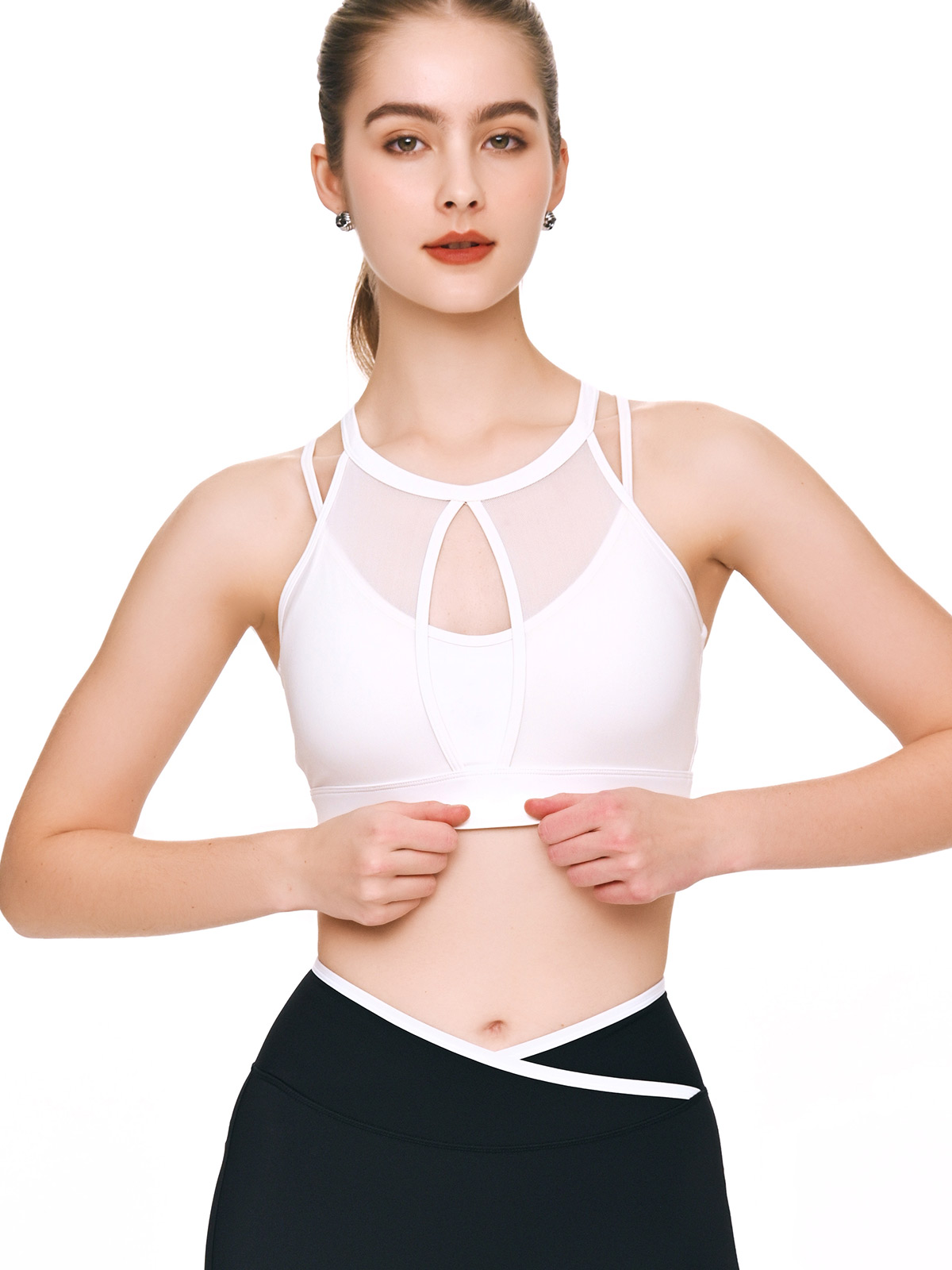 celestine-mesh-luxefit-sports-bra-white-front Front view of BEYOURA Celestine mesh LuxeFIT sports bra in white