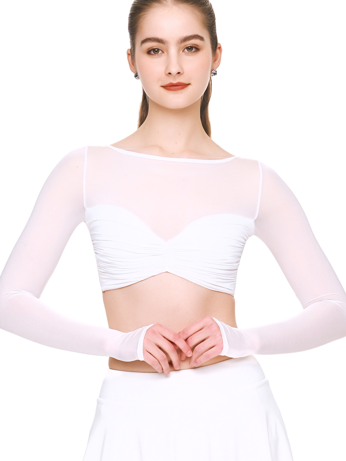 celestine-ruched-luxefit-crop-top-white-front Front view of BEYOURA Celestine ruched LuxeFIT crop top in white