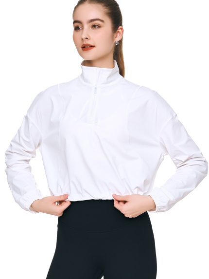 Front view of BEYOURA Layla half zip LuxeFIT pullover in white showing crop length