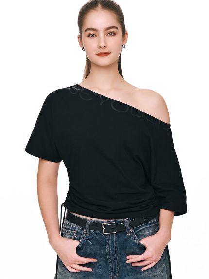 Front view of BEYOURA off shoulder LuxeFIT tee in black