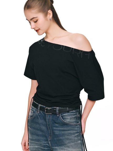 Side view of BEYOURA off shoulder LuxeFIT tee in black