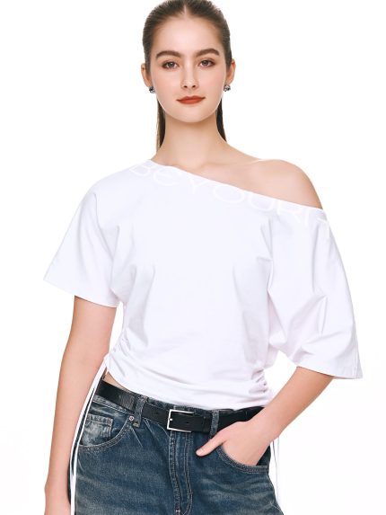 Front view of BEYOURA off shoulder LuxeFIT tee in white
