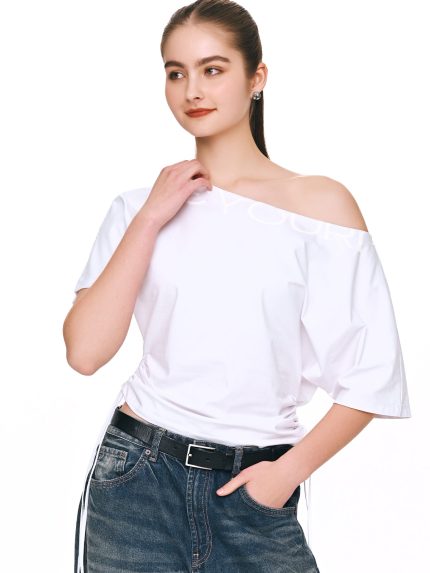 Side view of BEYOURA off shoulder LuxeFIT tee in white