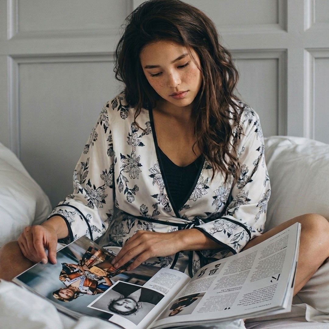 Beyoura-loungewear-reading Asian woman reading on bed in breathable loungewear, showing restful downtime suited to Malaysia's warm climate.